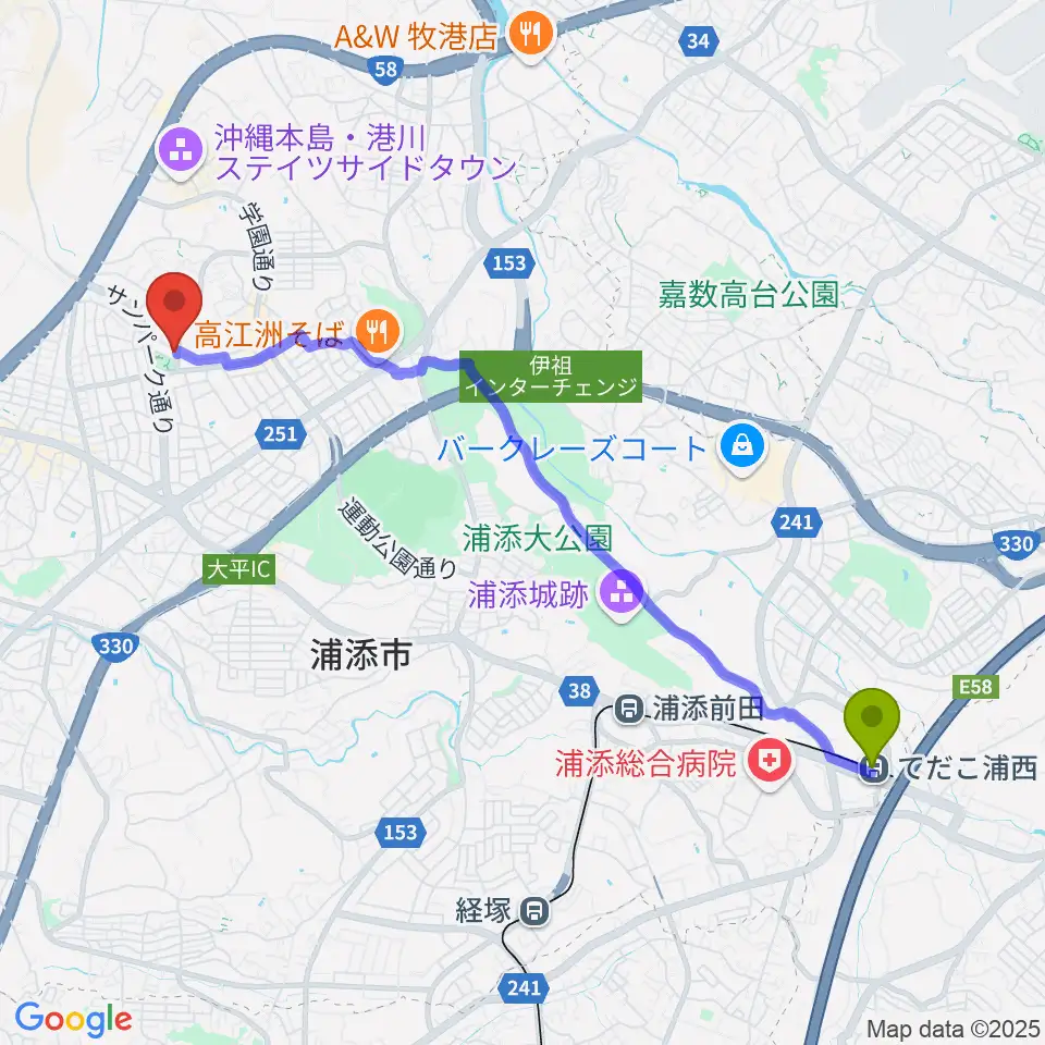 てだこ浦西駅からミュージックハウスへのルートマップ地図