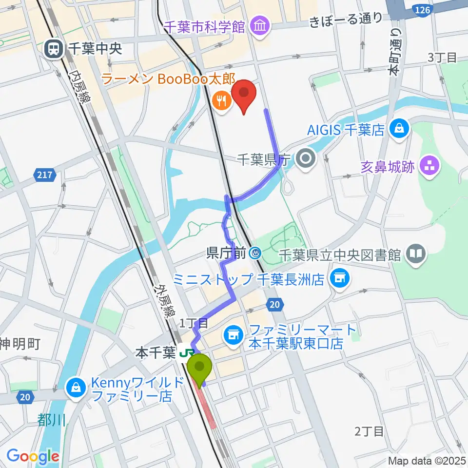 本千葉駅から千葉県教育会館へのルートマップ地図