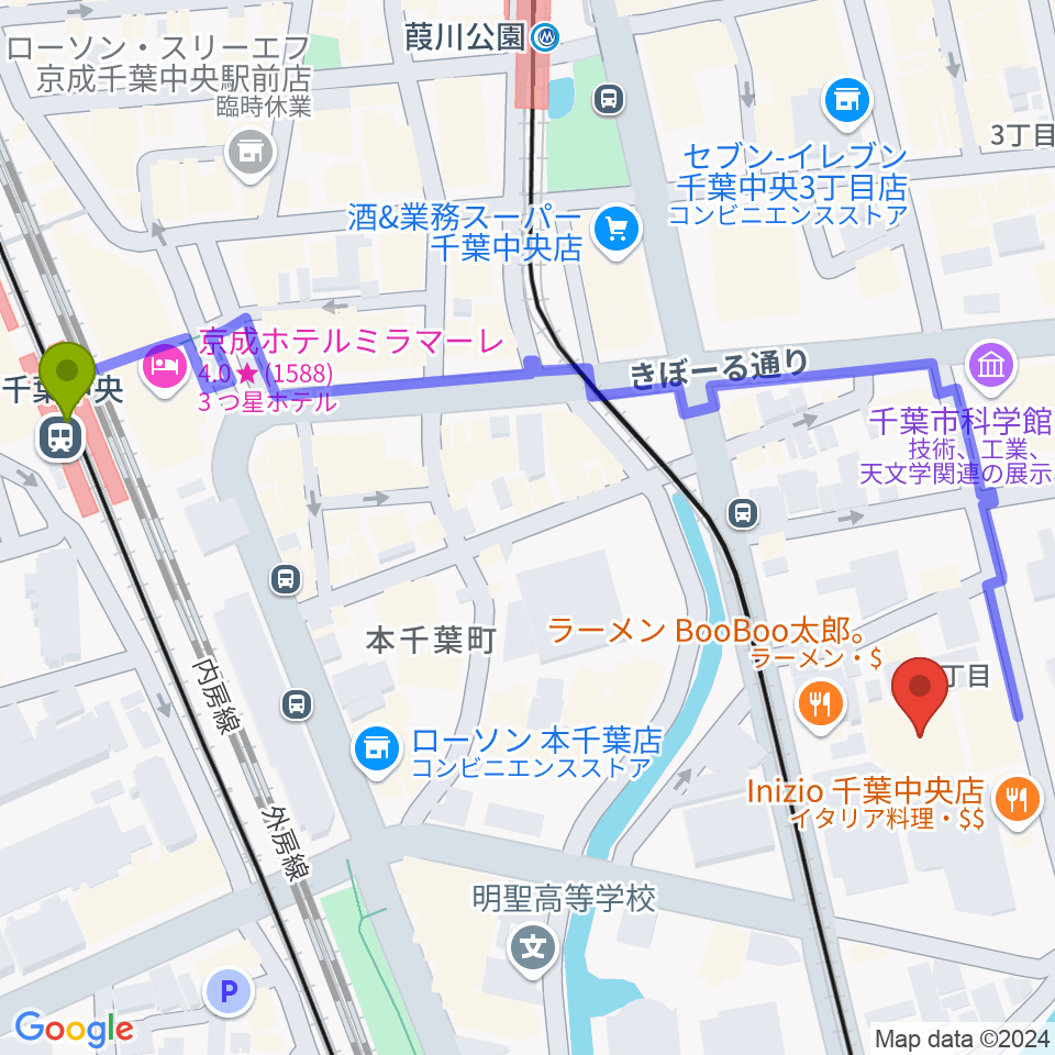 千葉中央駅から千葉県教育会館へのルートマップ地図