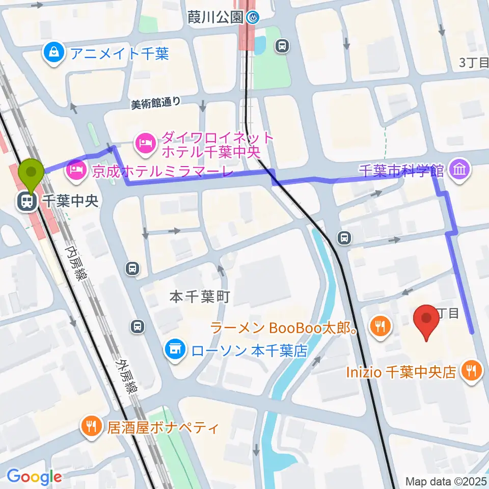 千葉中央駅から千葉県教育会館へのルートマップ地図