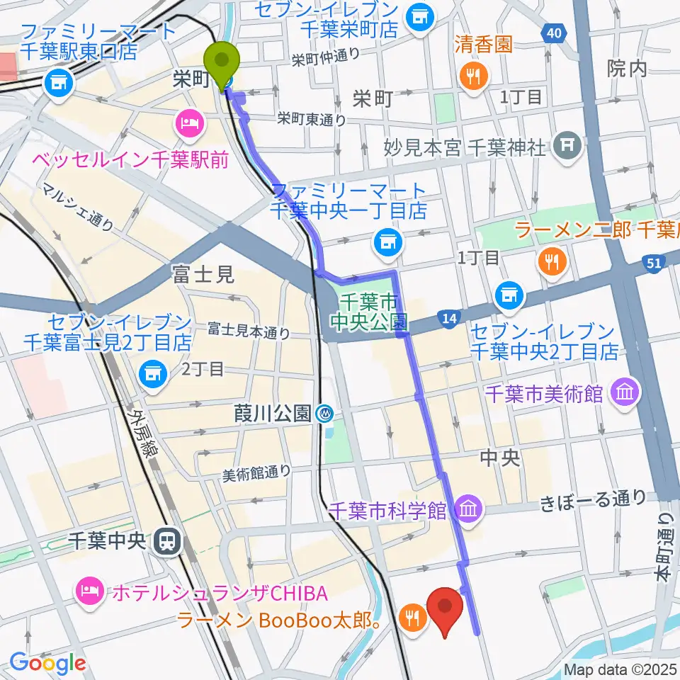 栄町駅から千葉県教育会館へのルートマップ地図