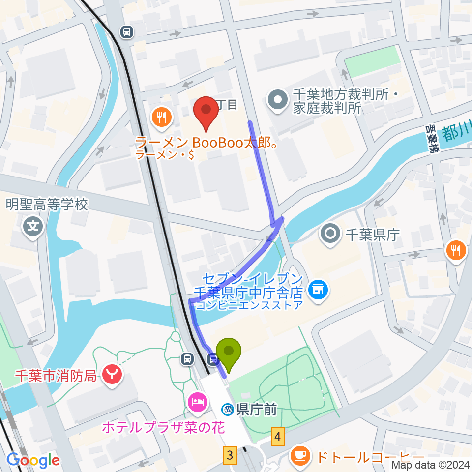 千葉県教育会館の最寄駅県庁前駅からの徒歩ルート（約4分）地図