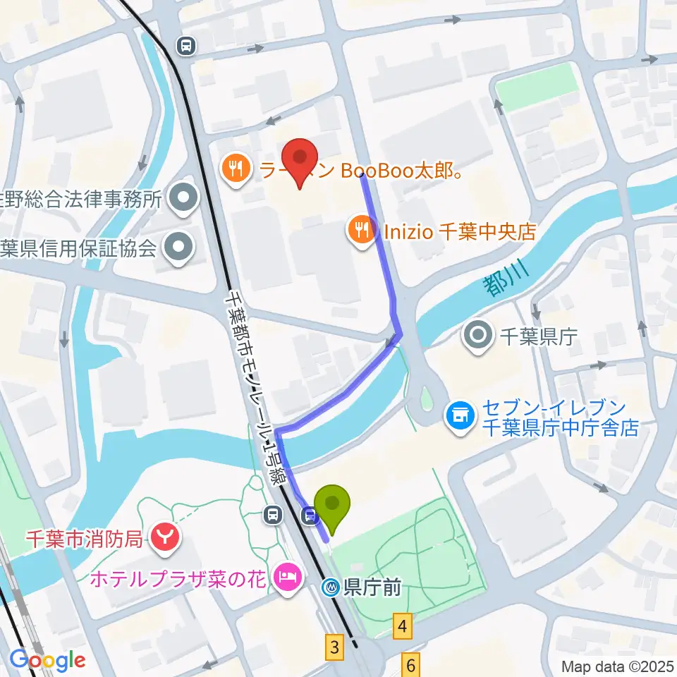 千葉県教育会館の最寄駅県庁前駅からの徒歩ルート（約4分）地図
