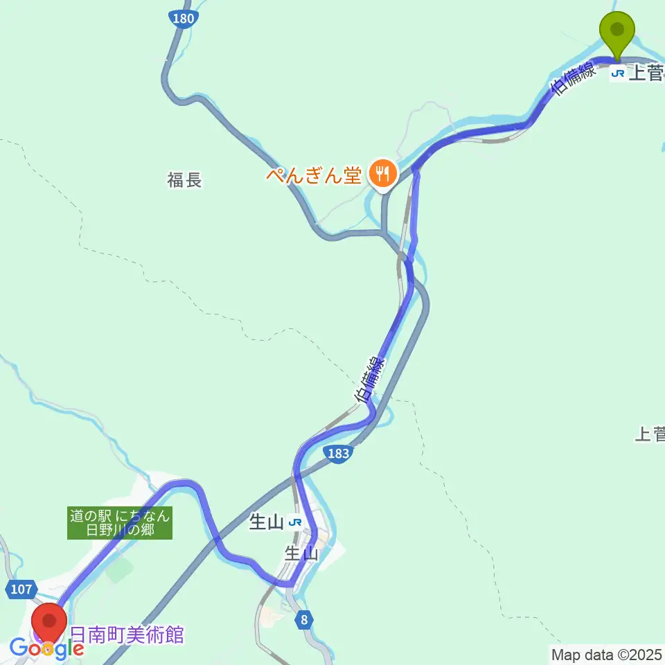 上菅駅から日南町総合文化センターさつきホールへのルートマップ地図