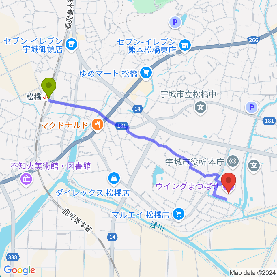 ウイングまつばせの最寄駅松橋駅からの徒歩ルート（約24分）地図