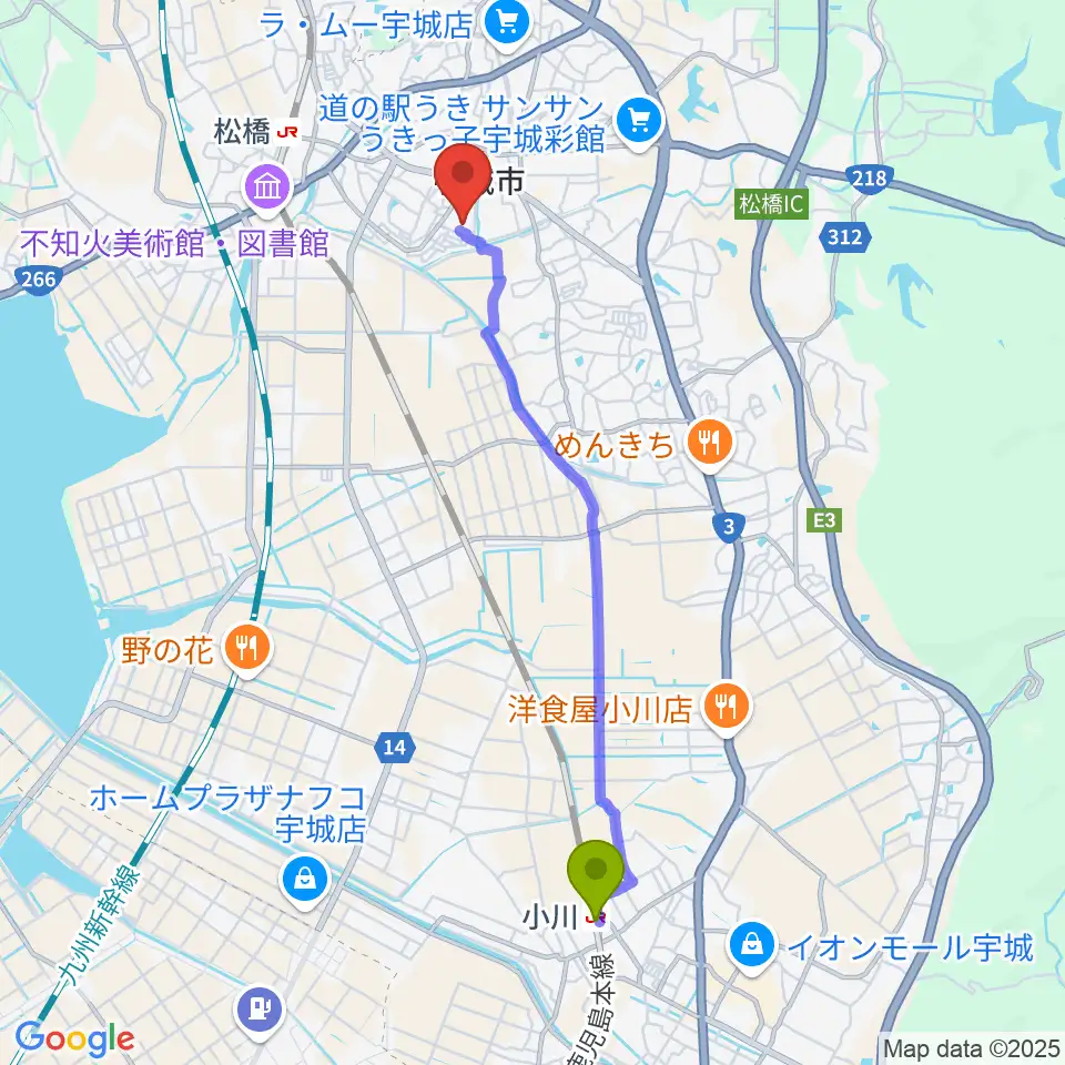 小川駅からウイングまつばせへのルートマップ地図