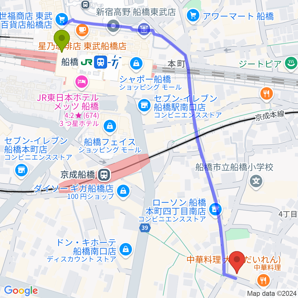 船橋市勤労市民センターの最寄駅船橋駅からの徒歩ルート（約7分）地図