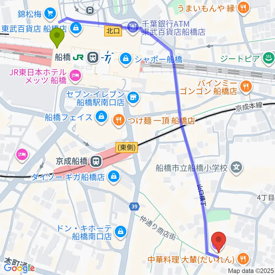 船橋市勤労市民センターの最寄駅船橋駅からの徒歩ルート（約7分）地図