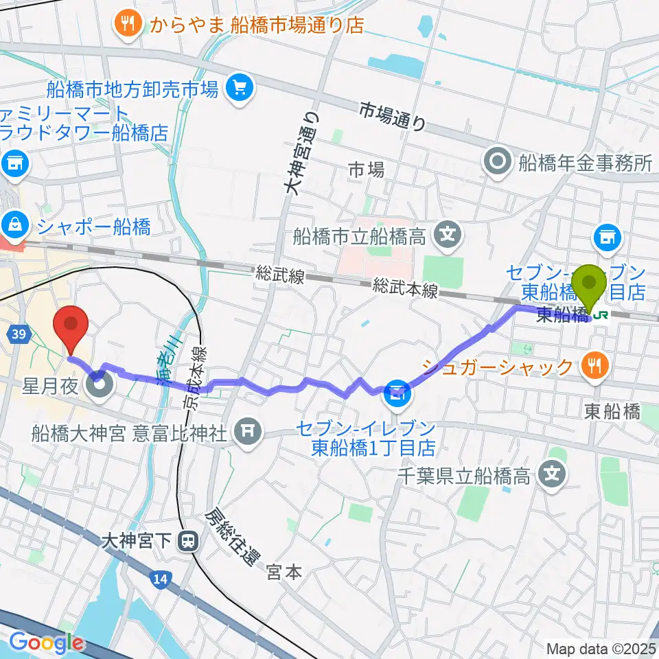 東船橋駅から船橋市勤労市民センターへのルートマップ地図