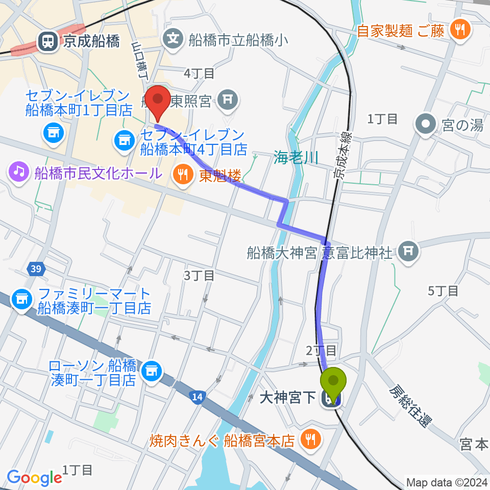 大神宮下駅から船橋市勤労市民センターへのルートマップ地図