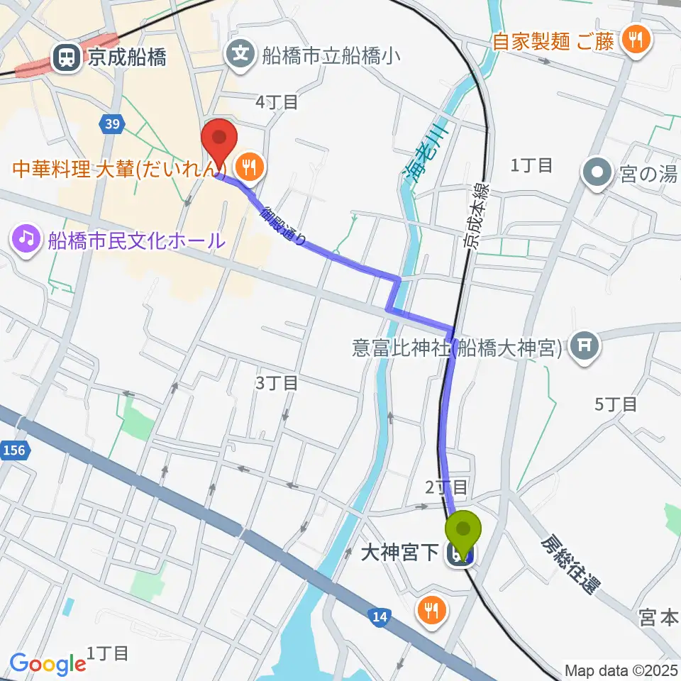 大神宮下駅から船橋市勤労市民センターへのルートマップ地図