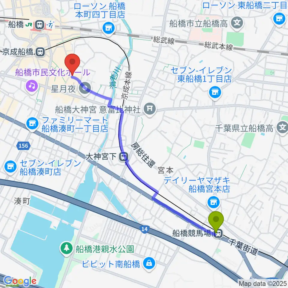 船橋競馬場駅から船橋市勤労市民センターへのルートマップ地図