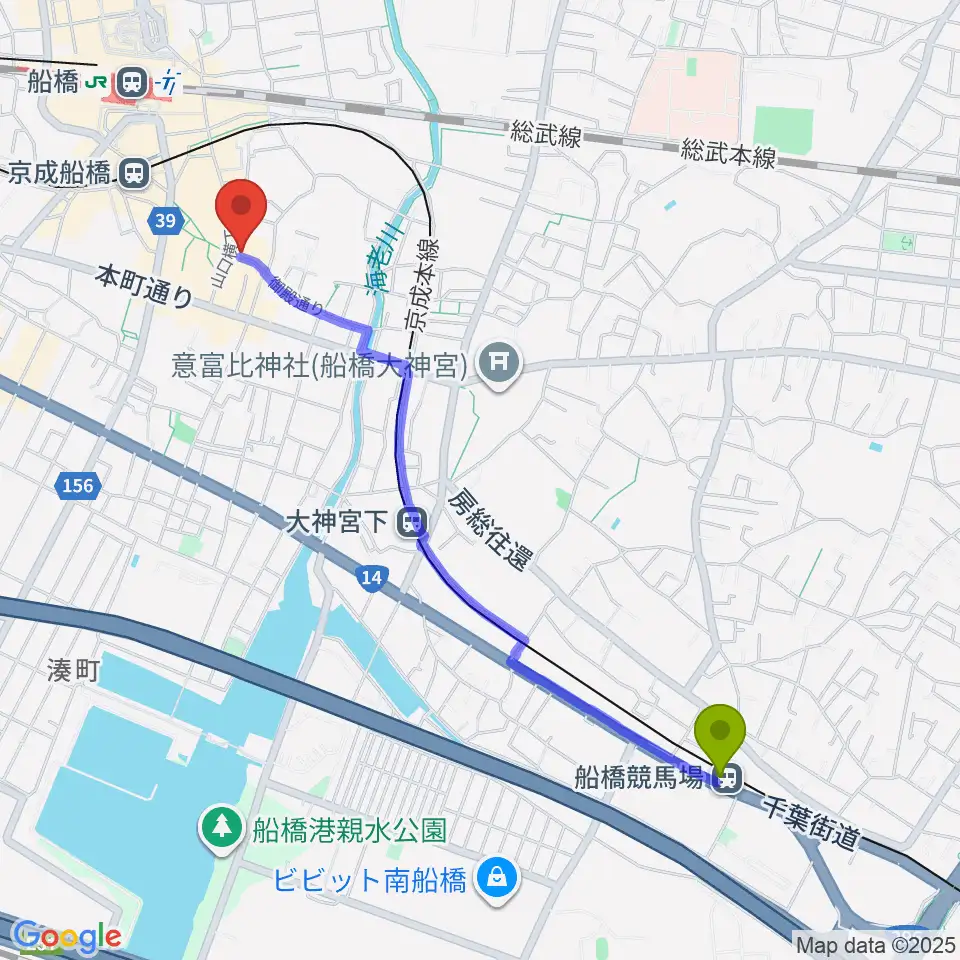 船橋競馬場駅から船橋市勤労市民センターへのルートマップ地図