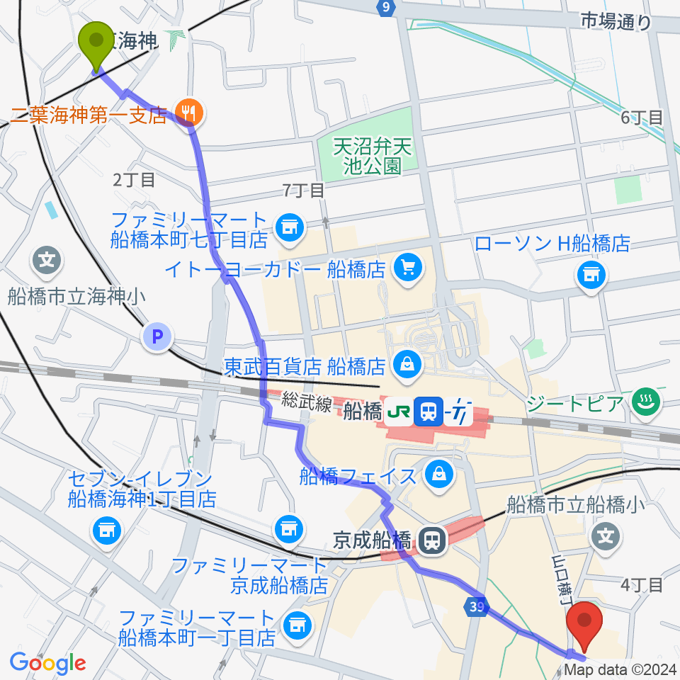 東海神駅から船橋市勤労市民センターへのルートマップ地図