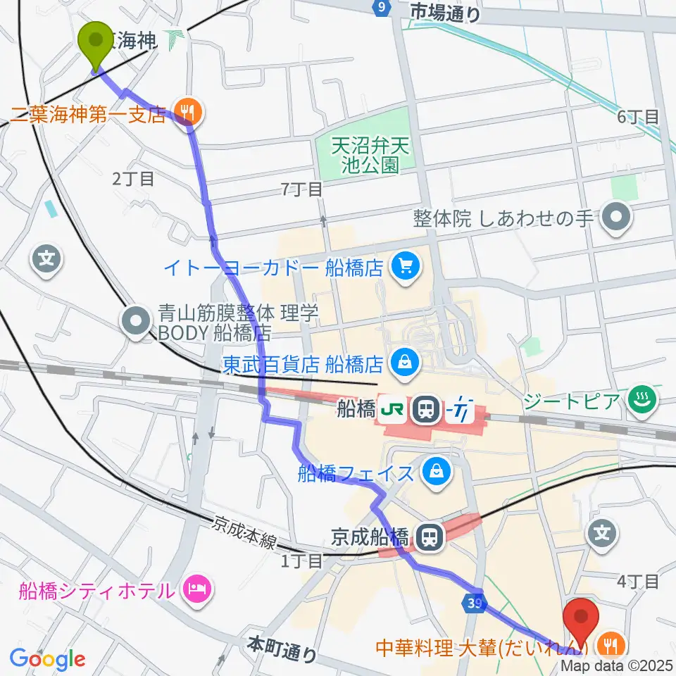 東海神駅から船橋市勤労市民センターへのルートマップ地図