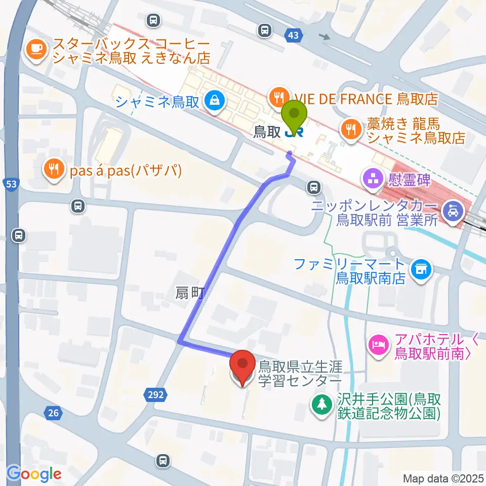 鳥取県立生涯学習センター 県民ふれあい会館の最寄駅鳥取駅からの徒歩ルート（約4分）地図