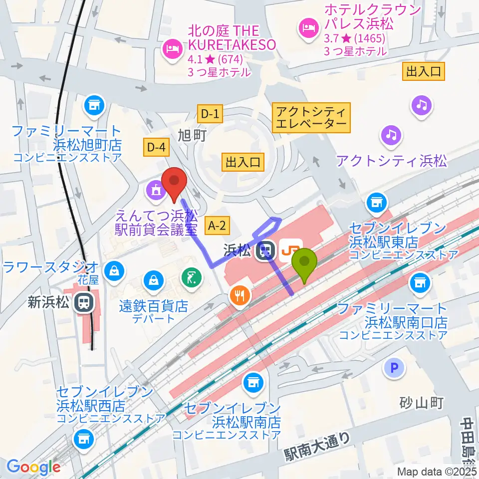 えんてつホールの最寄駅浜松駅からの徒歩ルート（約3分）地図