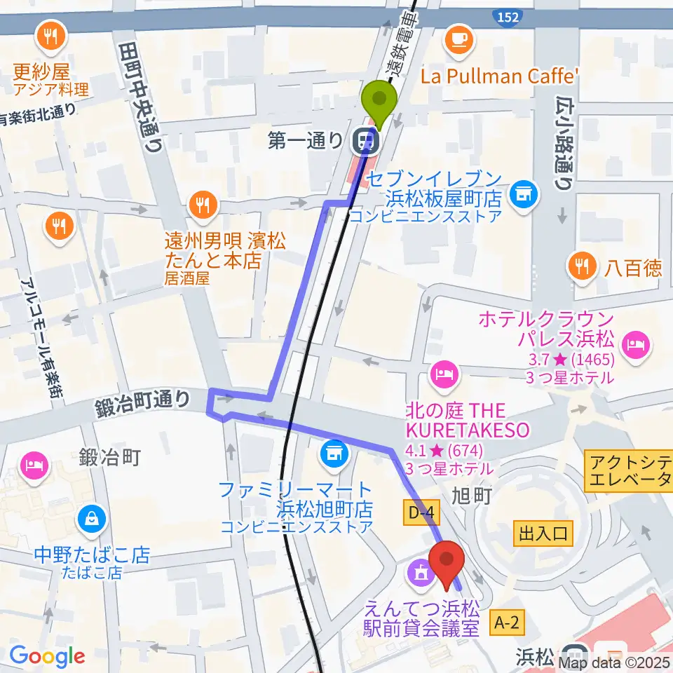 第一通り駅からえんてつホールへのルートマップ地図