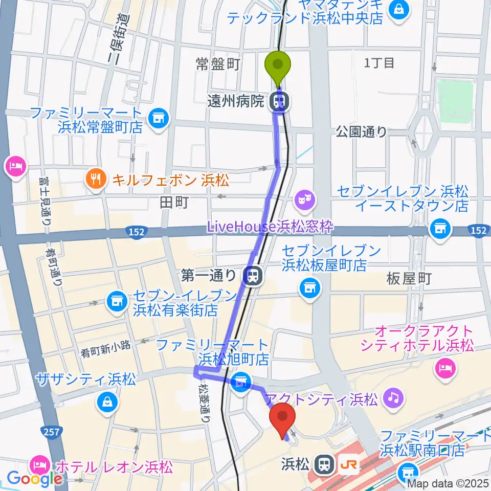 遠州病院駅からえんてつホールへのルートマップ地図