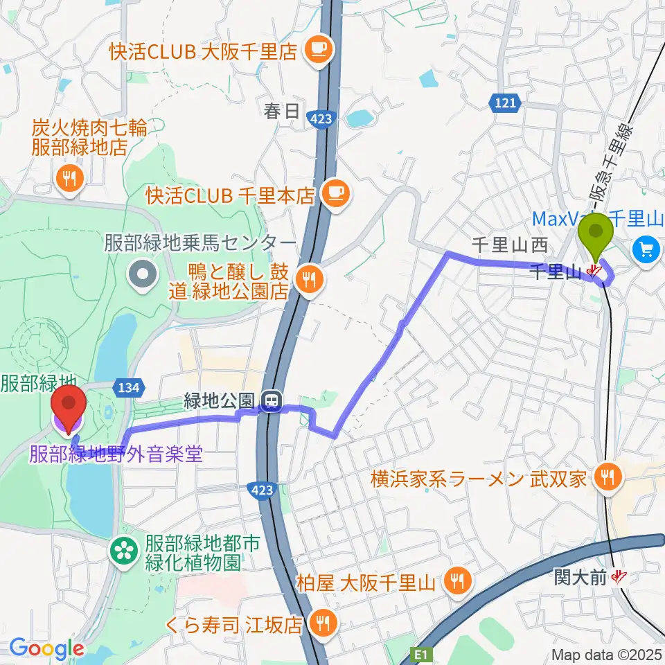 千里山駅から服部緑地野外音楽堂へのルートマップ地図