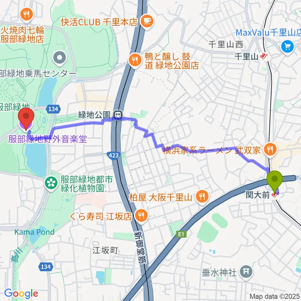 関大前駅から服部緑地野外音楽堂へのルートマップ地図