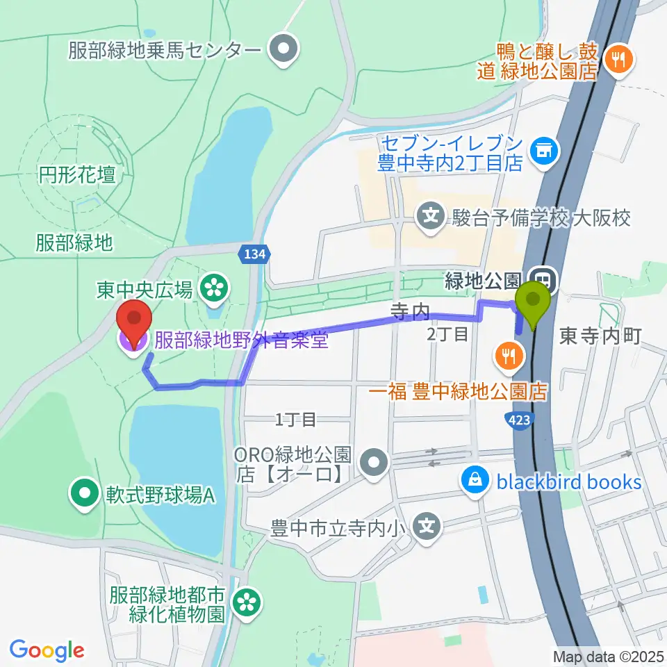 服部緑地野外音楽堂の最寄駅緑地公園駅からの徒歩ルート（約9分）地図