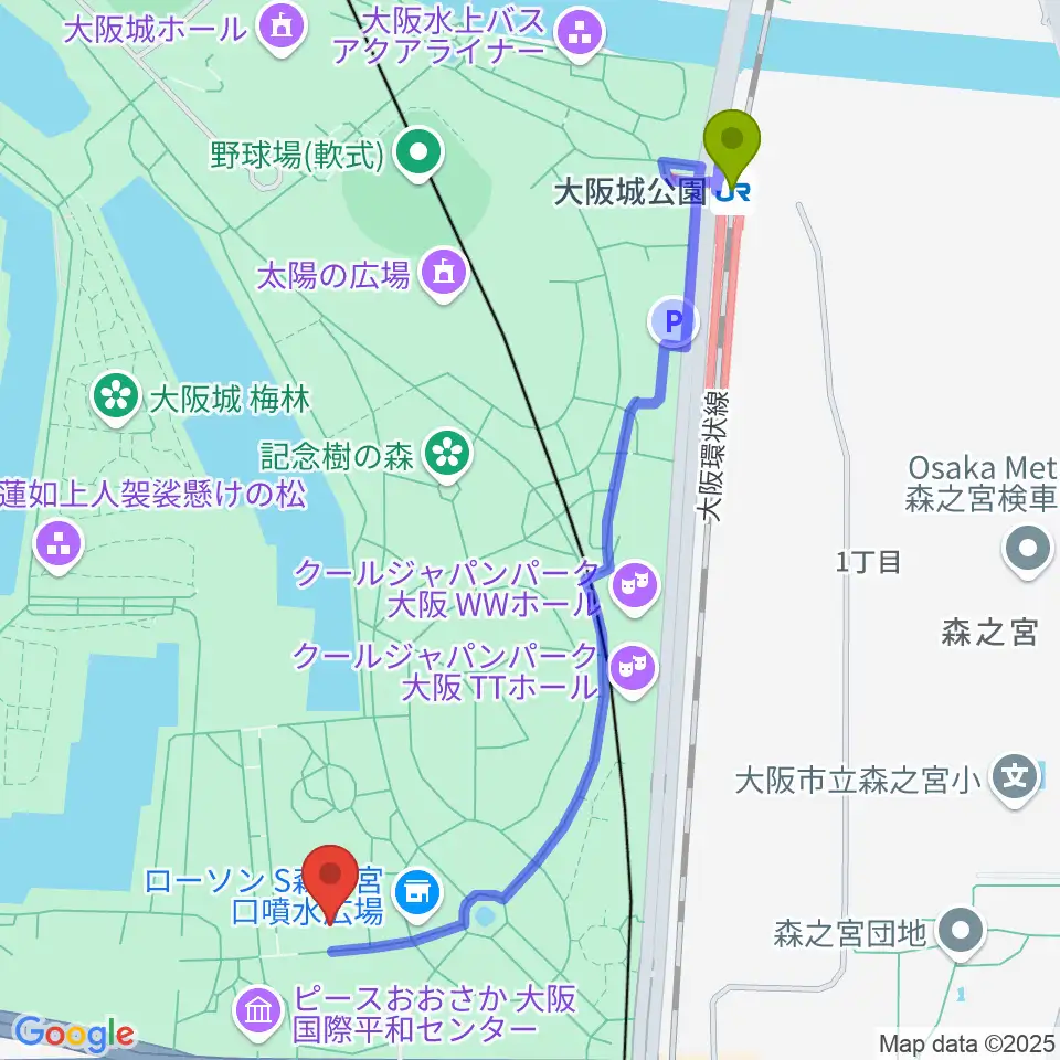 大阪城公園駅から大阪城音楽堂へのルートマップ地図