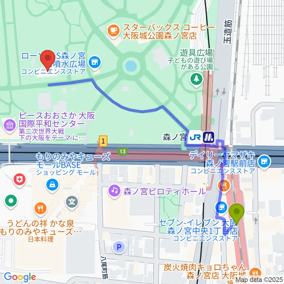 大阪城音楽堂の最寄駅森ノ宮駅からの徒歩ルート（約7分）地図