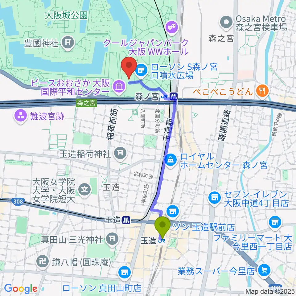 玉造駅から大阪城音楽堂へのルートマップ地図