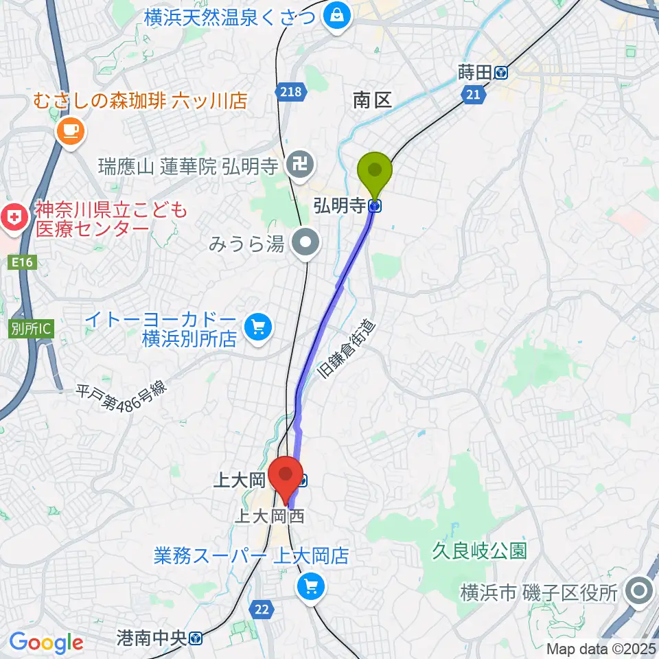 弘明寺駅から港南区民文化センター ひまわりの郷へのルートマップ地図