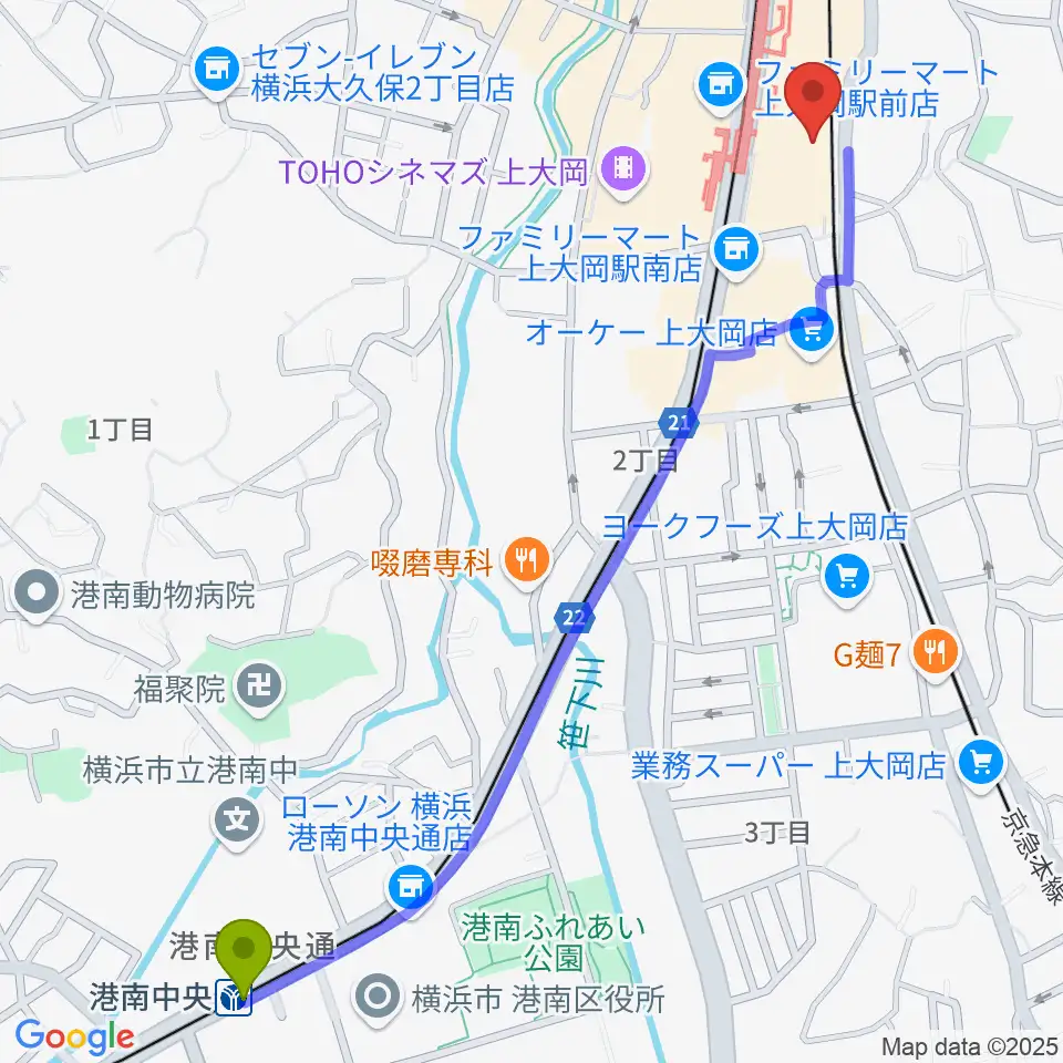 港南中央駅から港南区民文化センター ひまわりの郷へのルートマップ地図