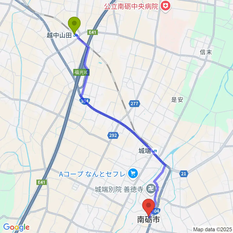 越中山田駅からじょうはな座へのルートマップ地図