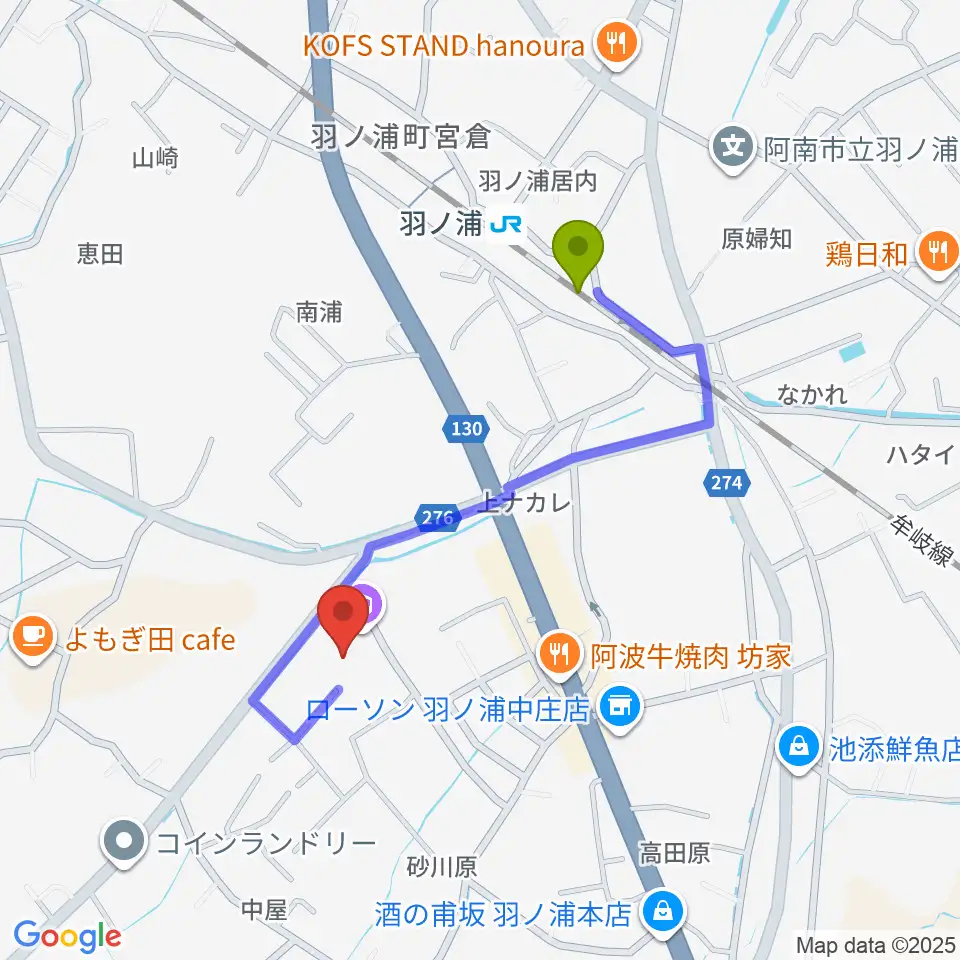 コスモホール（阿南市情報文化センター）の最寄駅羽ノ浦駅からの徒歩ルート（約7分）地図