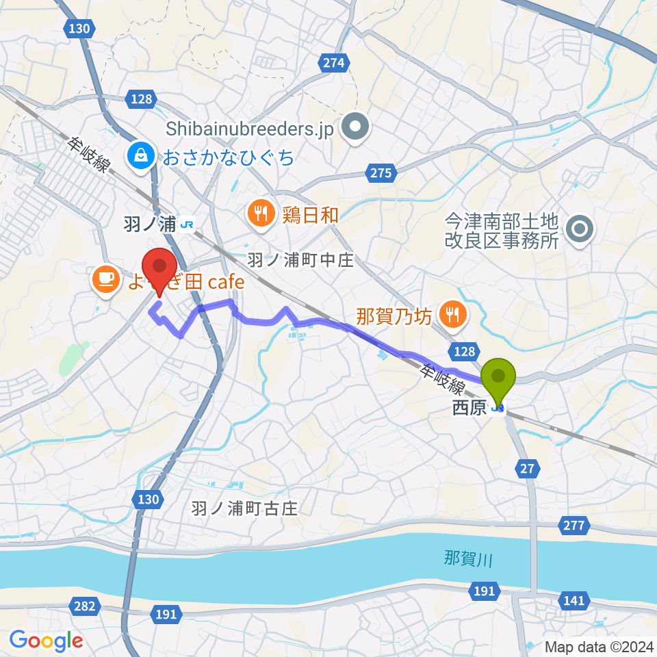 西原駅からコスモホール（阿南市情報文化センター）へのルートマップ地図