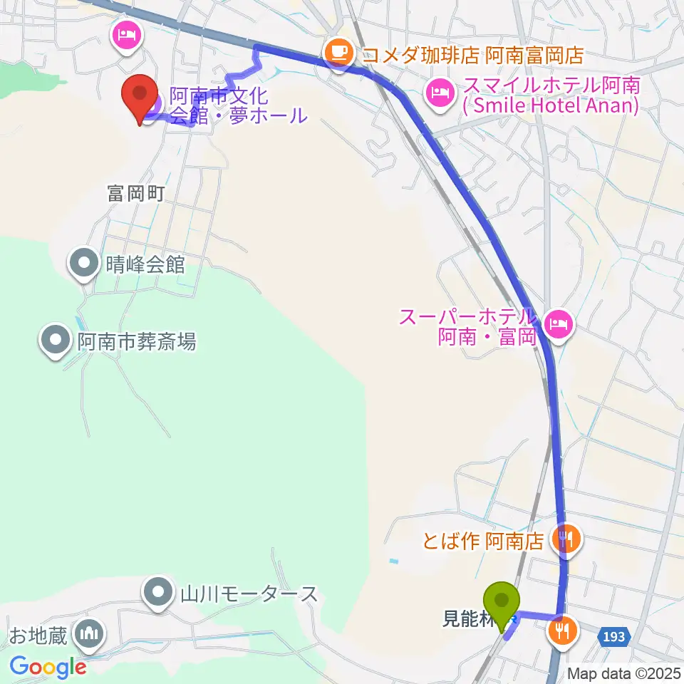 見能林駅から夢ホール（阿南市文化会館）へのルートマップ地図