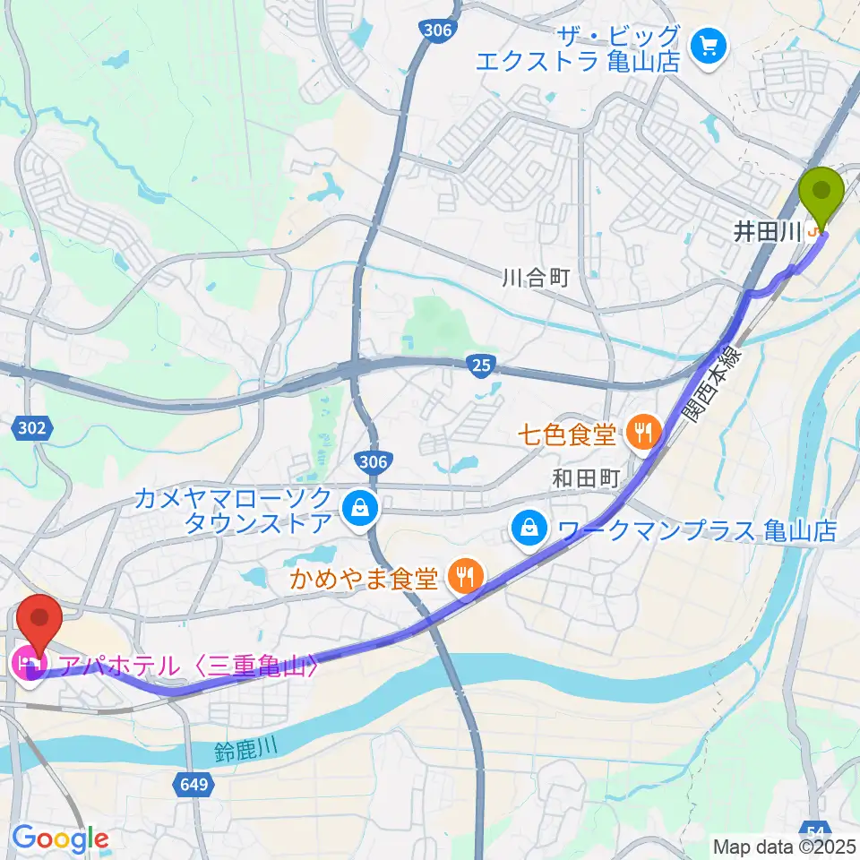 井田川駅から亀山市文化会館へのルートマップ地図
