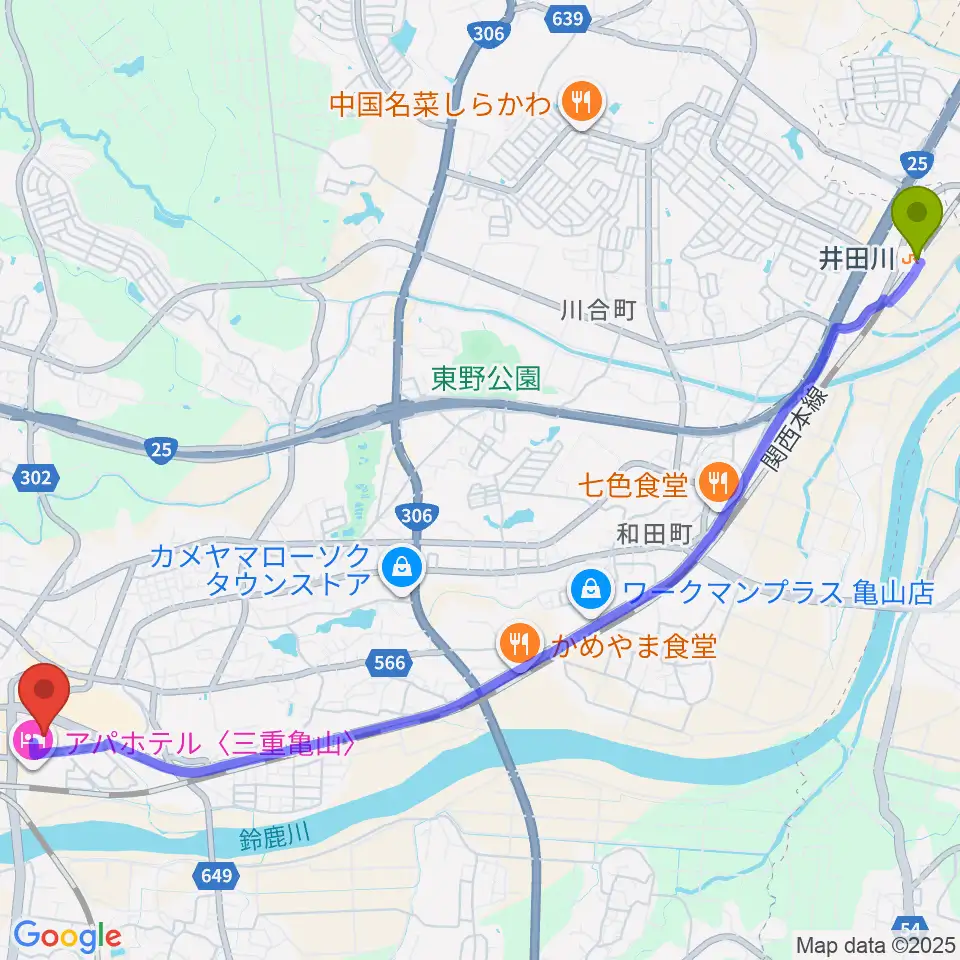 井田川駅から亀山市文化会館へのルートマップ地図