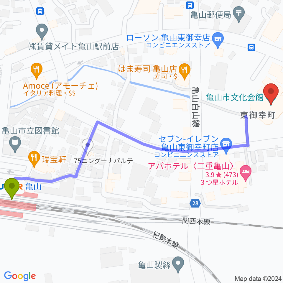 亀山市文化会館の最寄駅亀山駅からの徒歩ルート（約8分）地図