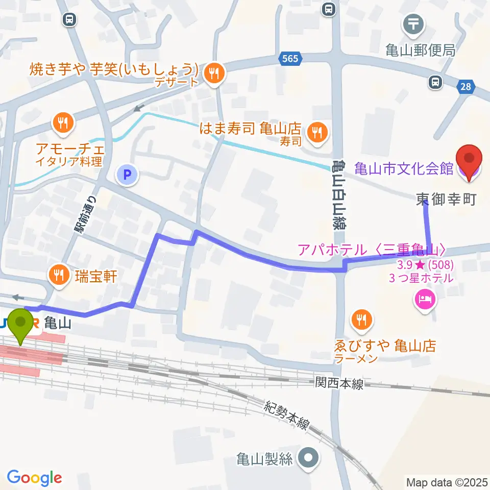 亀山市文化会館の最寄駅亀山駅からの徒歩ルート（約8分）地図