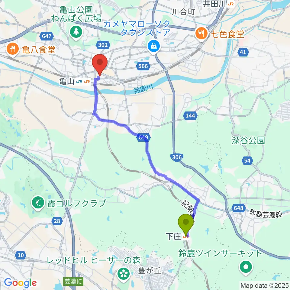 下庄駅から亀山市文化会館へのルートマップ地図