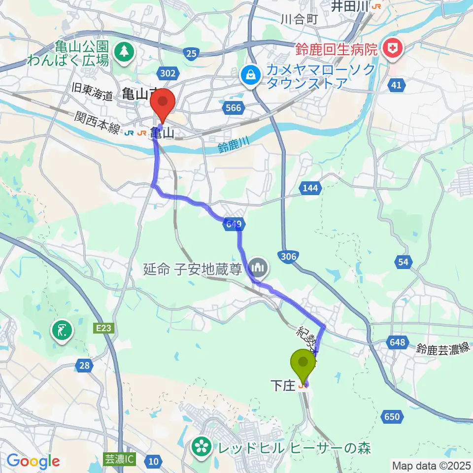 下庄駅から亀山市文化会館へのルートマップ地図