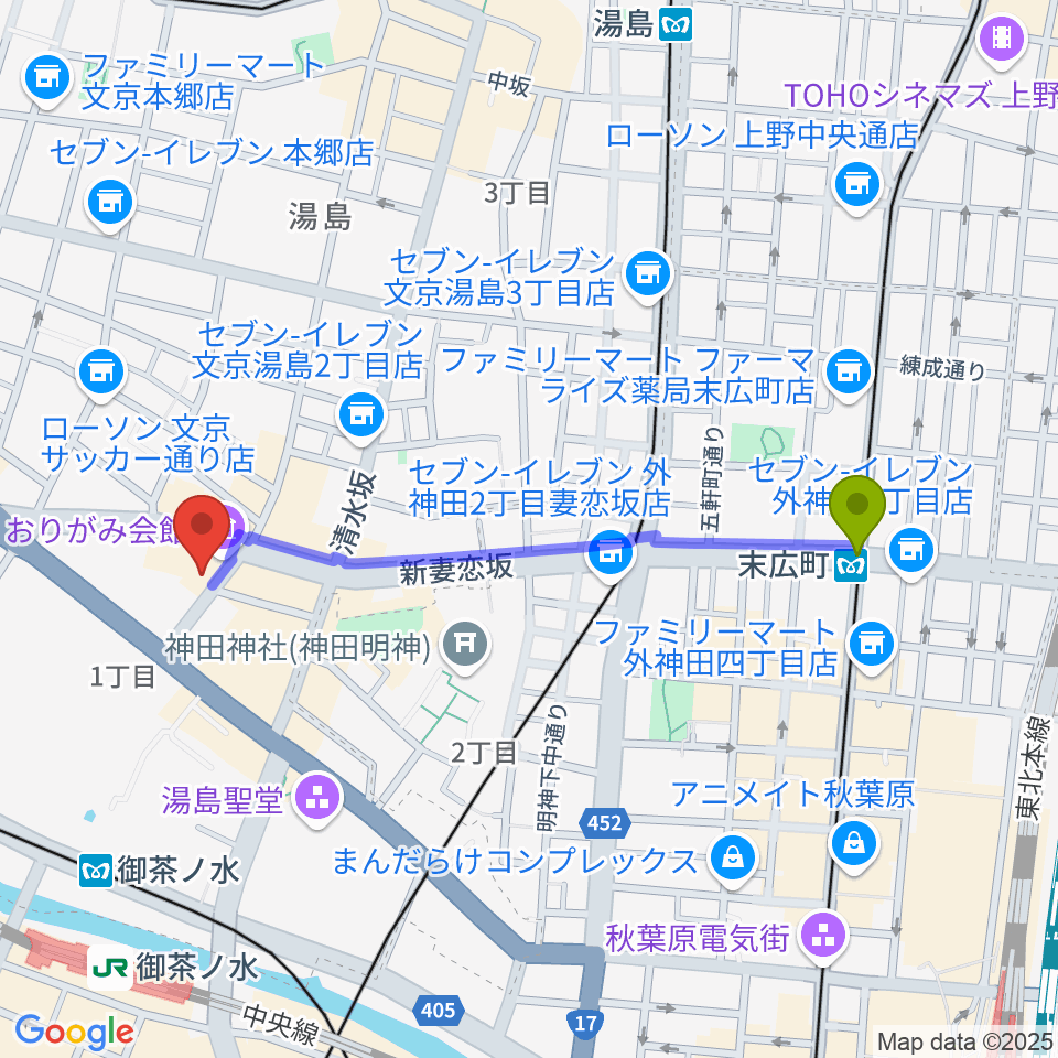 末広町駅から御茶ノ水KAKADOへのルートマップ地図