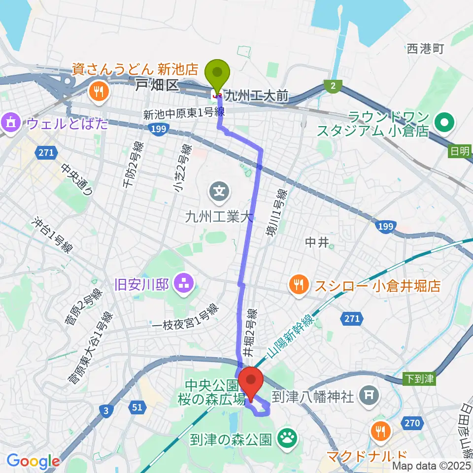 九州工大前駅から北九州パレスへのルートマップ地図