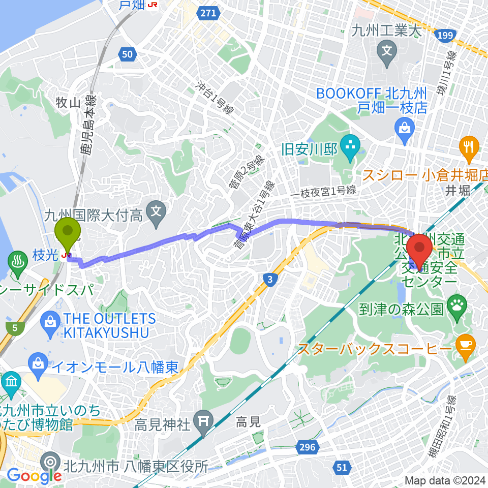 枝光駅から北九州パレスへのルートマップ地図