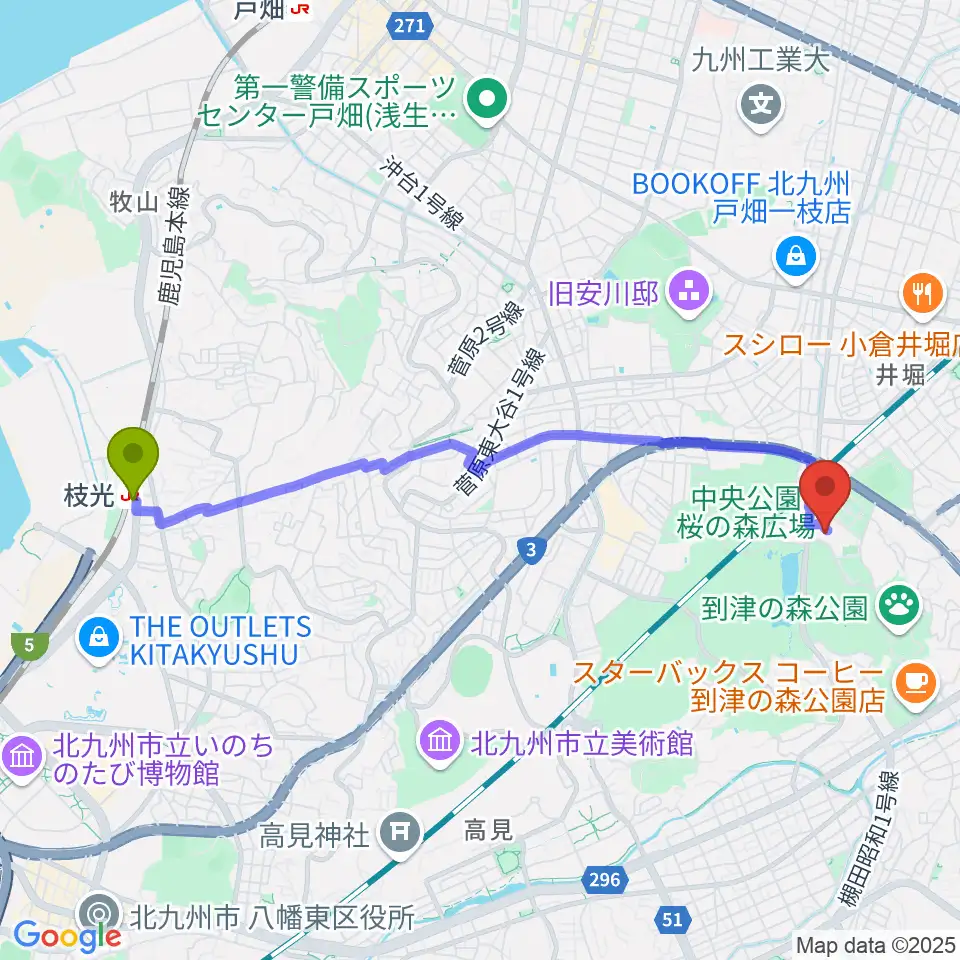 枝光駅から北九州パレスへのルートマップ地図