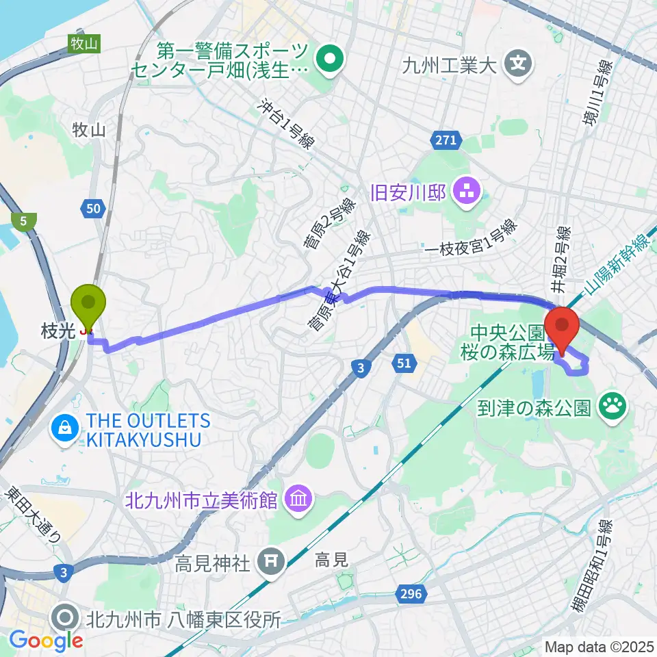 枝光駅から北九州パレスへのルートマップ地図