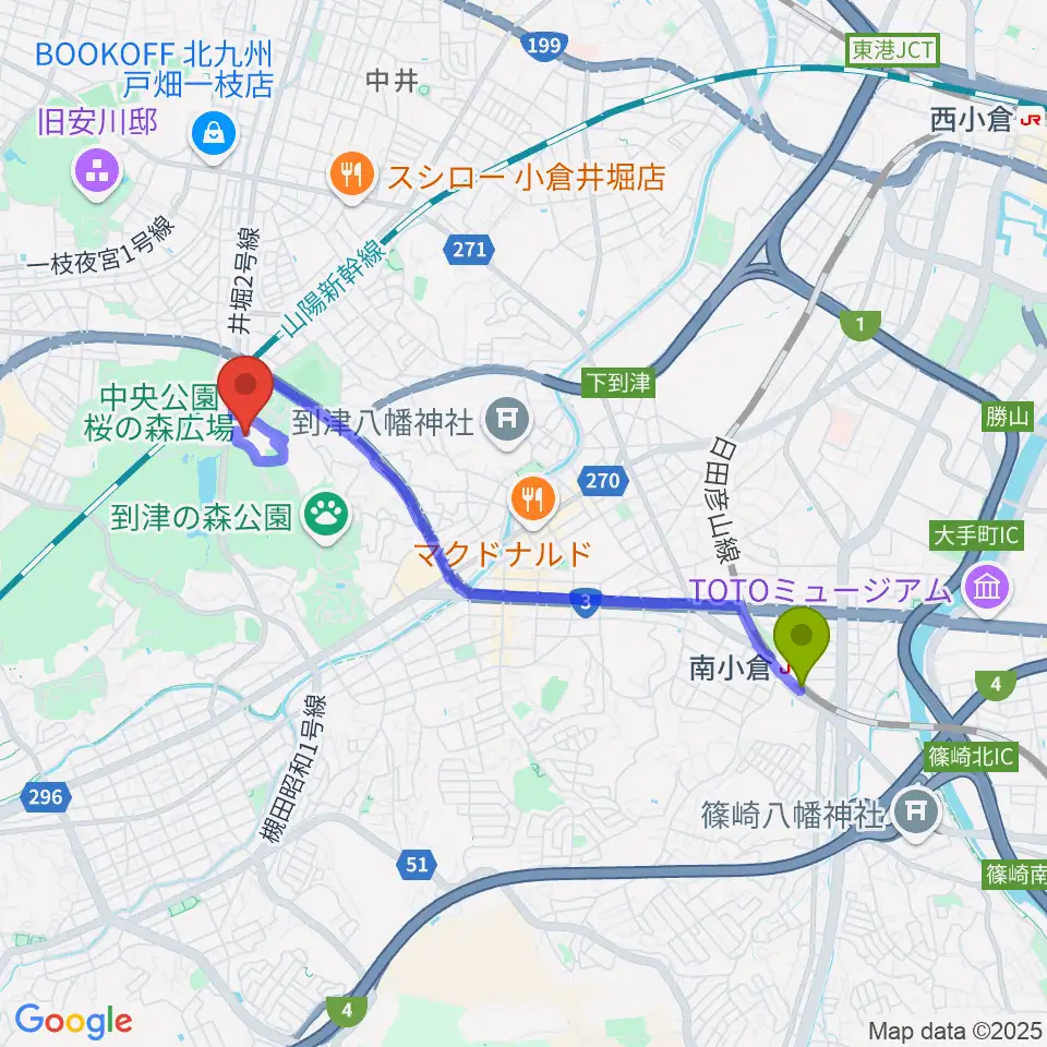 北九州パレスの最寄駅南小倉駅からの徒歩ルート（約37分）地図