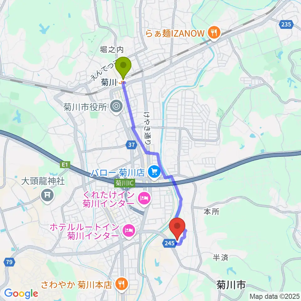 菊川文化会館アエルの最寄駅菊川駅からの徒歩ルート（約35分）地図