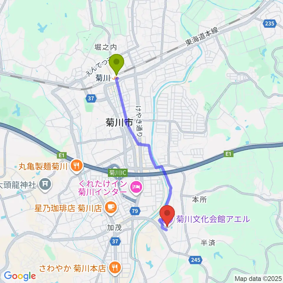 菊川文化会館アエルの最寄駅菊川駅からの徒歩ルート（約35分）地図