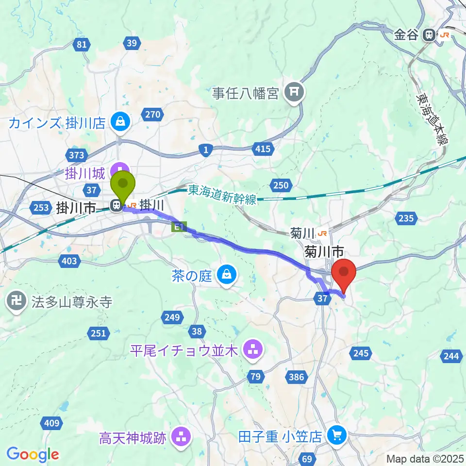 掛川駅から菊川文化会館アエルへのルートマップ地図